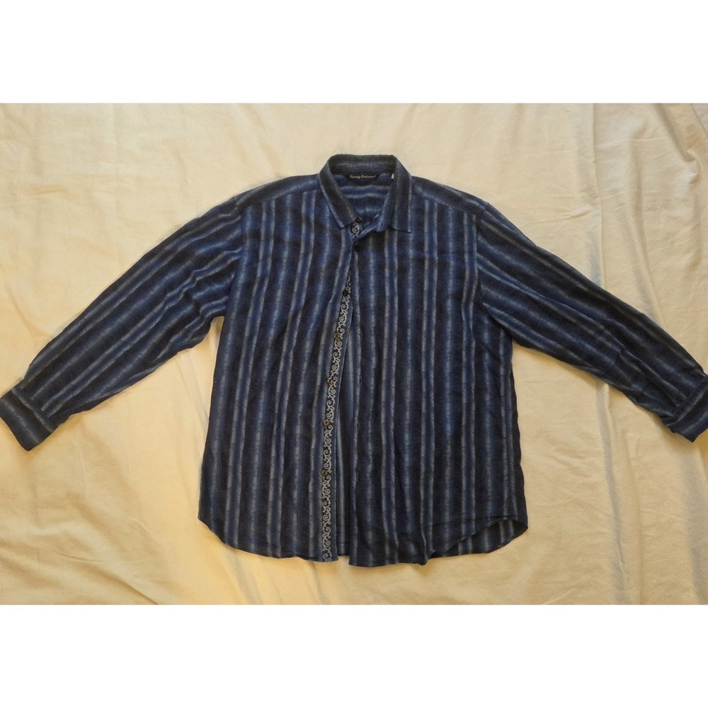 Tommy Bahama Mens L Blue Striped Button Front Shirt Long Sleeve 100% Cotton...